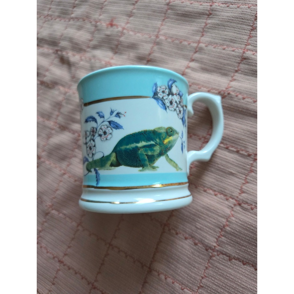 Anthropologie Lou Rota Nature Table Chameleon Mug Blue Gold Trim Floral Ceramic